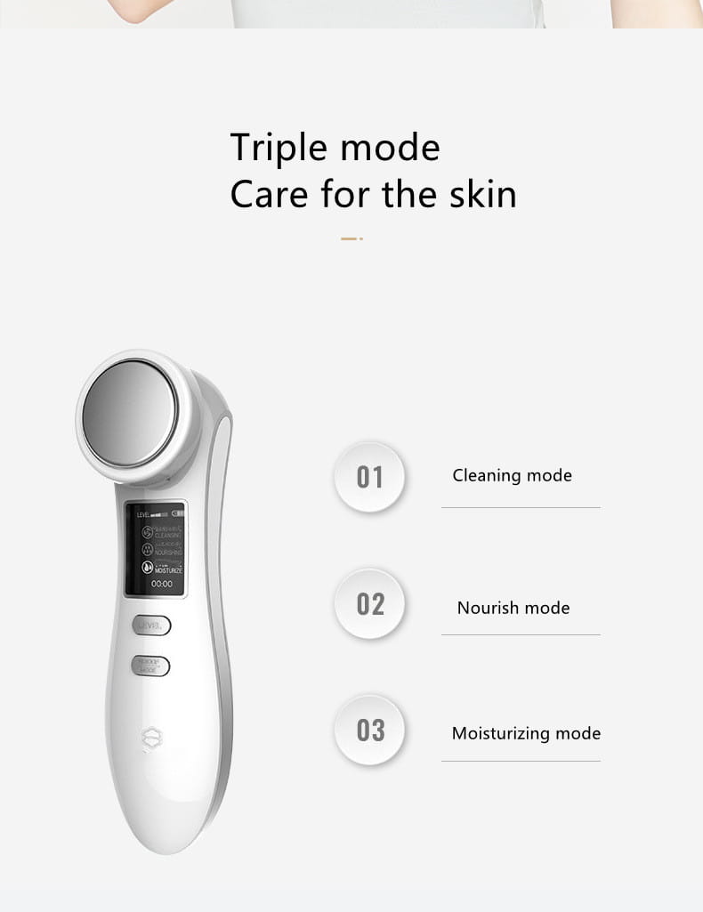 White handheld digital iontophoresis personal care device with circular treatment head and digital display screen for care negative iontophoresis.