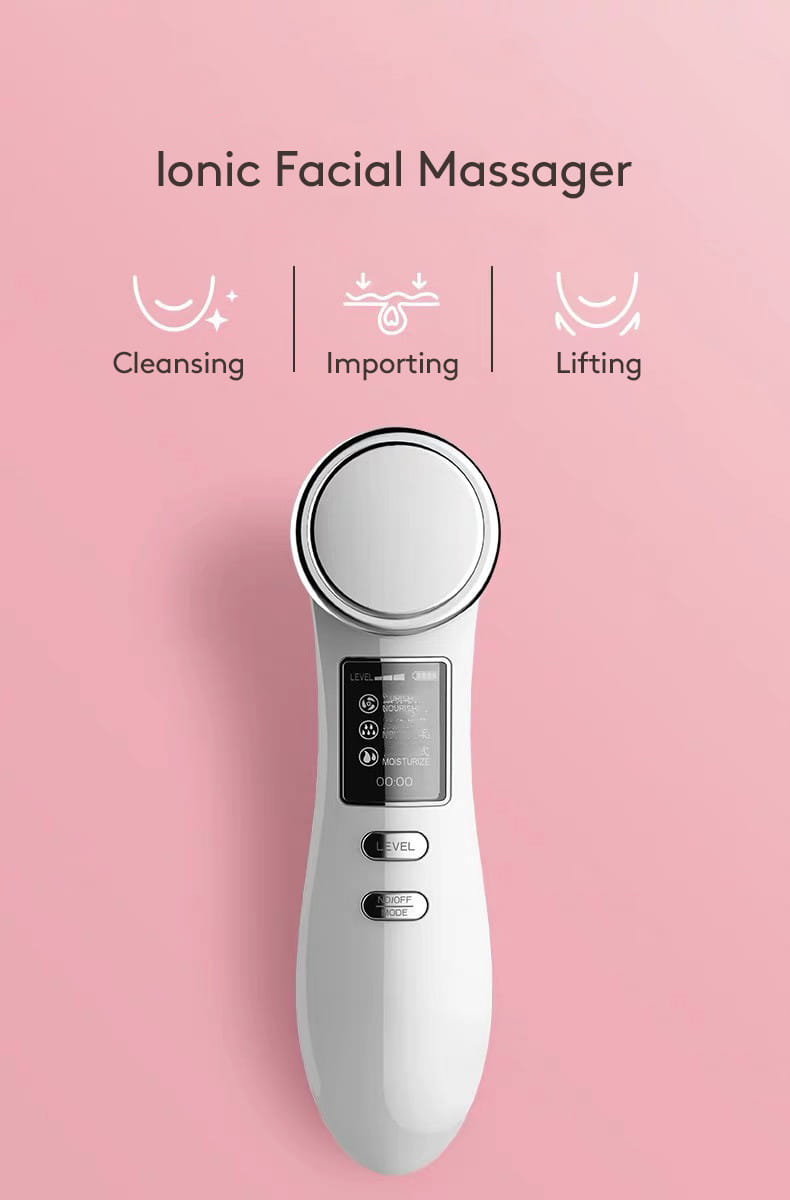 white ionic handheld digital iontophoresis personal care device with a sleek ergonomic design and circular treatment head for care negative iontophoresis use