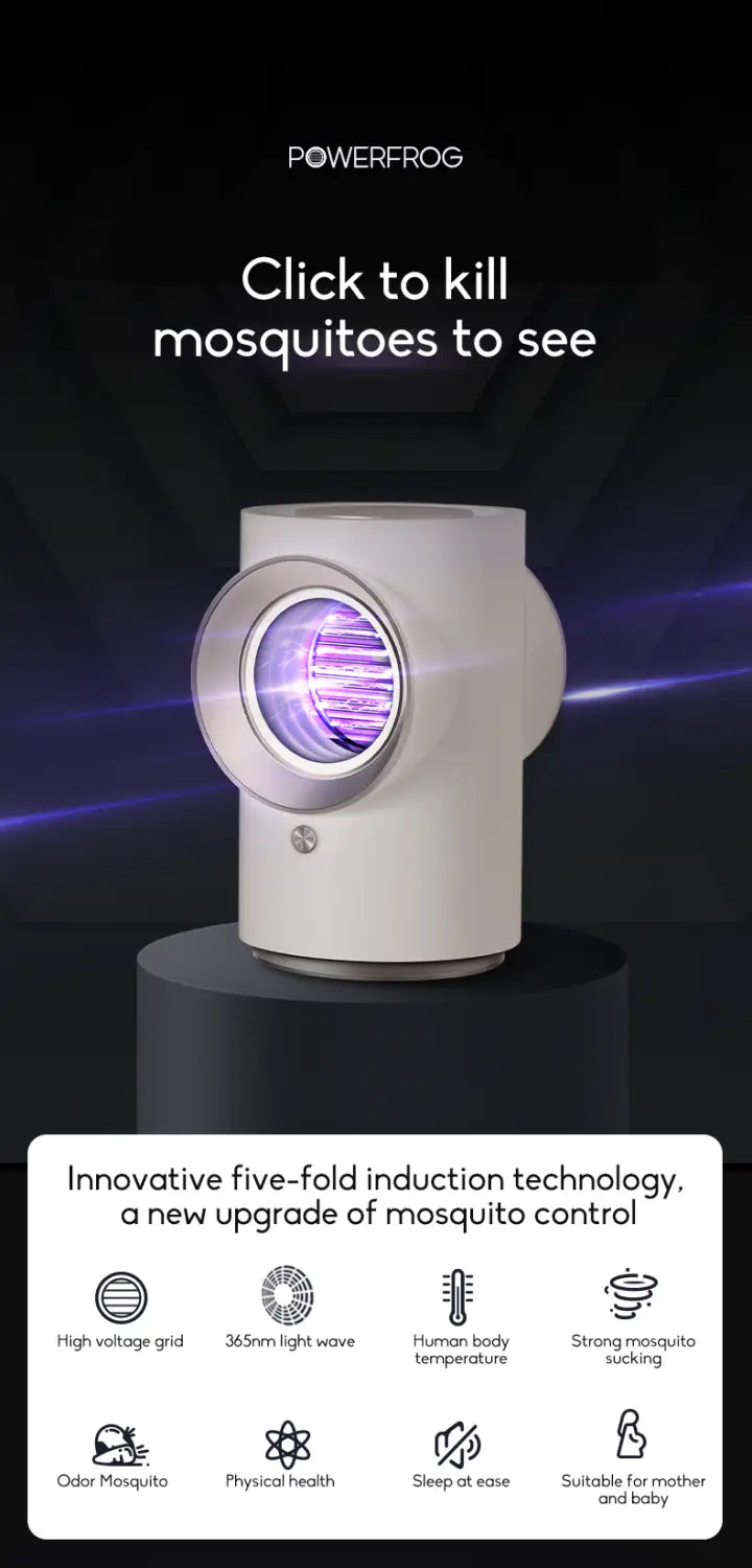 white cylindrical powerfrog infant mosquito repellent with a circular purple light emitting from the front panel for mosquito repellent room physical insect trap use