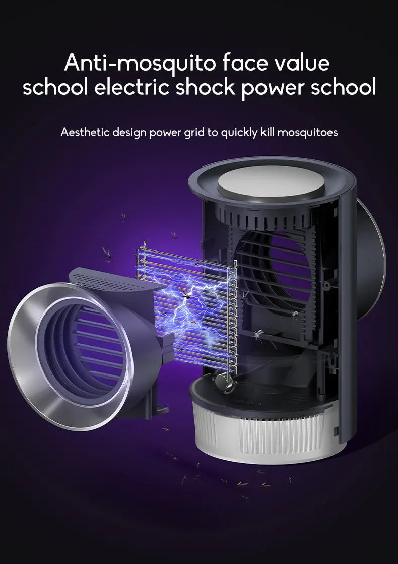 Infant mosquito repellent room physical insect trap featuring a black and white cylindrical electric shock device with a visible power grid for killing mosquitoes.