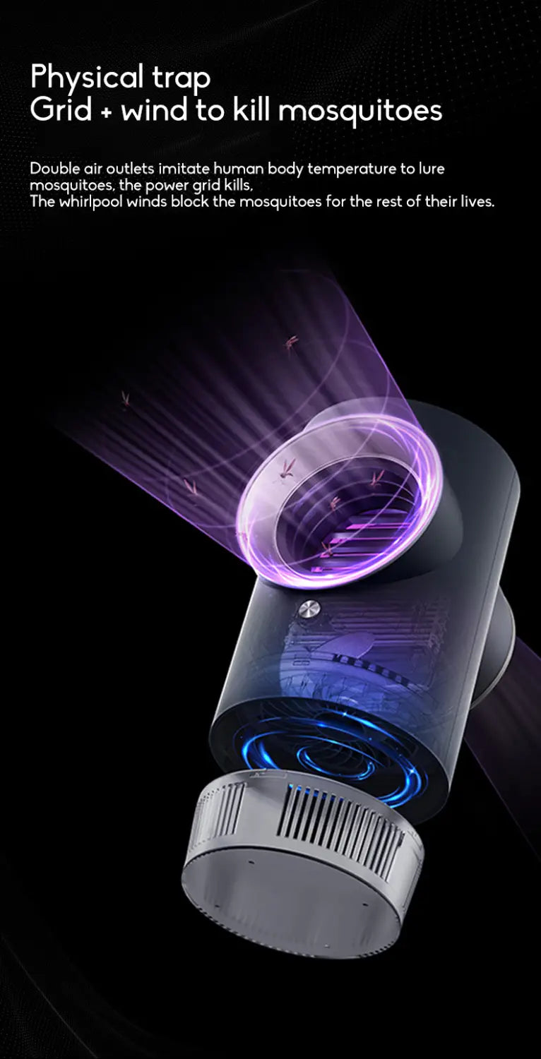 black cylindrical infant mosquito repellent featuring a glowing purple grid and blue illuminated base designed for mosquito repellent room physical use
