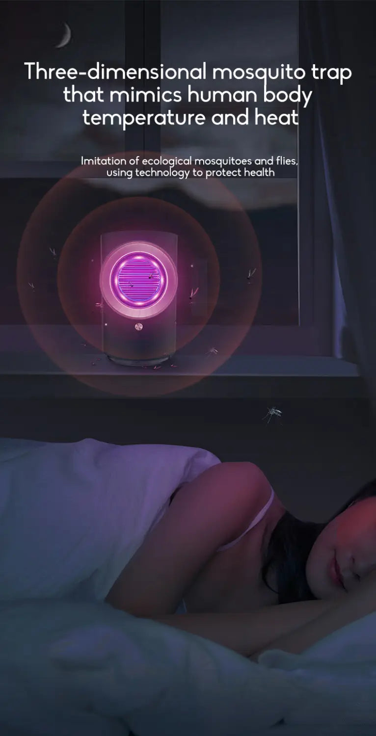 A sleek modern infant mosquito repellent room physical insect trap with a glowing purple circular light and transparent casing.