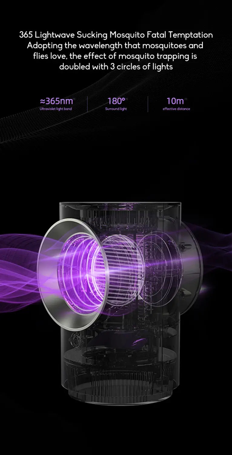 Transparent cylindrical infant mosquito repellent trap emitting purple ultraviolet light from its circular openings designed for mosquito repellent room use with repellent room physical insect trap features.