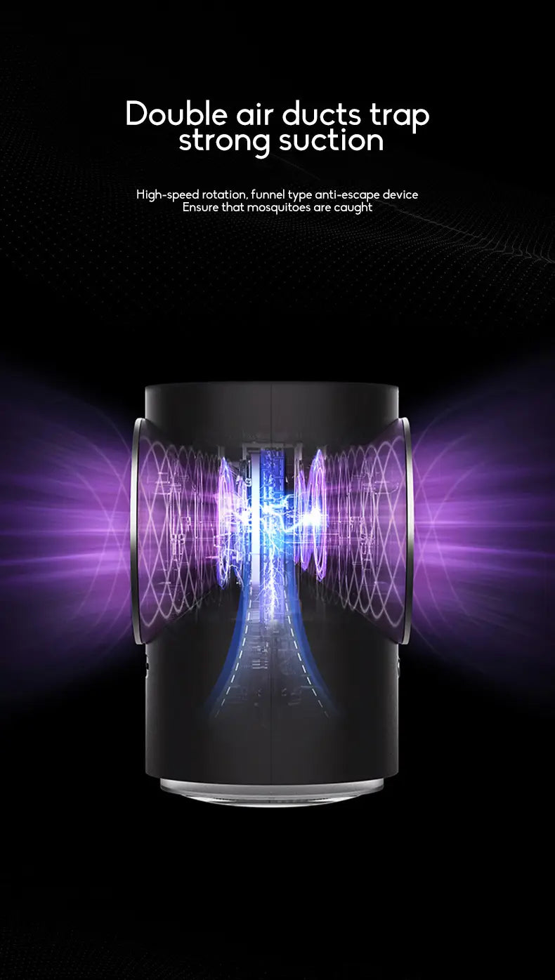 infant mosquito repellent room physical insect trap is a black cylindrical device with purple and blue glowing internal air ducts designed for effective mosquito repellent in indoor environments.