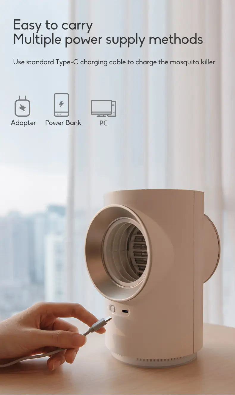 beige cylindrical infant mosquito repellent with a metallic circular grille and type-c charging port for mosquito repellent room physical insect trap use