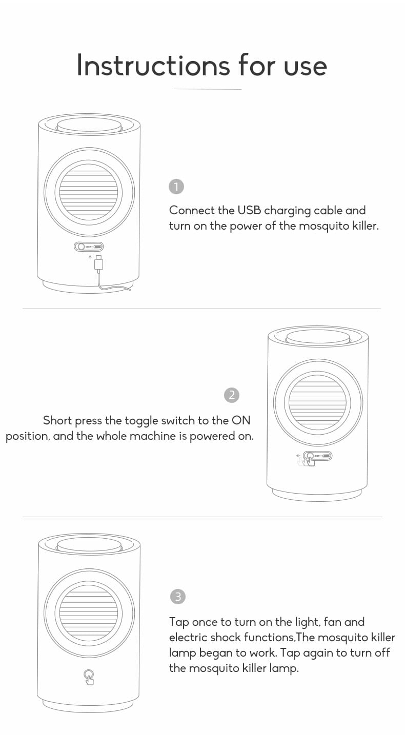 infant mosquito repellent room physical insect trap featuring a cylindrical white body with a circular grille on the front and a usb charging port at the base