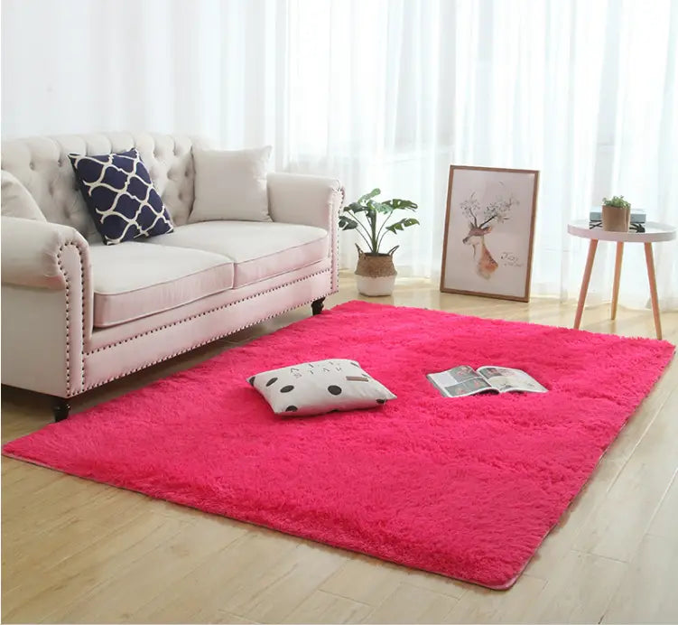 Vibrant pink plush rectangular silky fluffy carpet perfect for modern home decor and a stylish fluffy carpet modern accent.