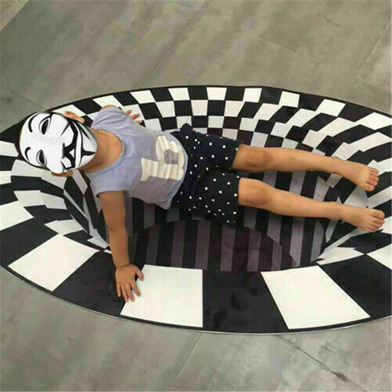 Black and white checkered oval rug featuring a 3d optical illusion vortex carpet black white grid design.
