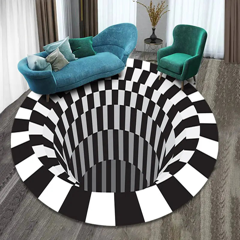 circular 3d vortex carpet black features a bold black white grid optical illusion pattern resembling a 3d tunnel designed for modern interiors.