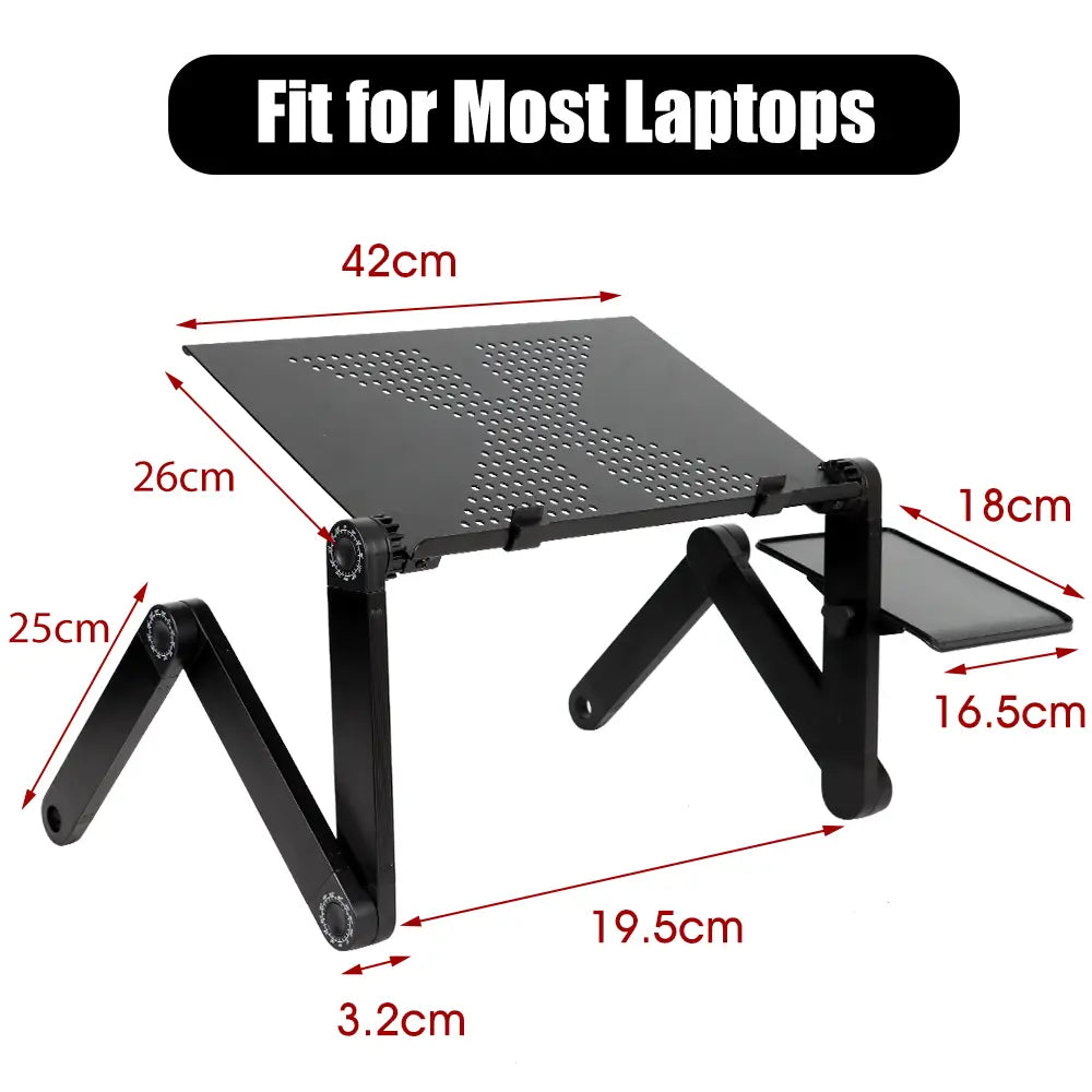 Black adjustable laptop stand with folding legs and perforated aluminum alloy surface for desk retractable adjustable use