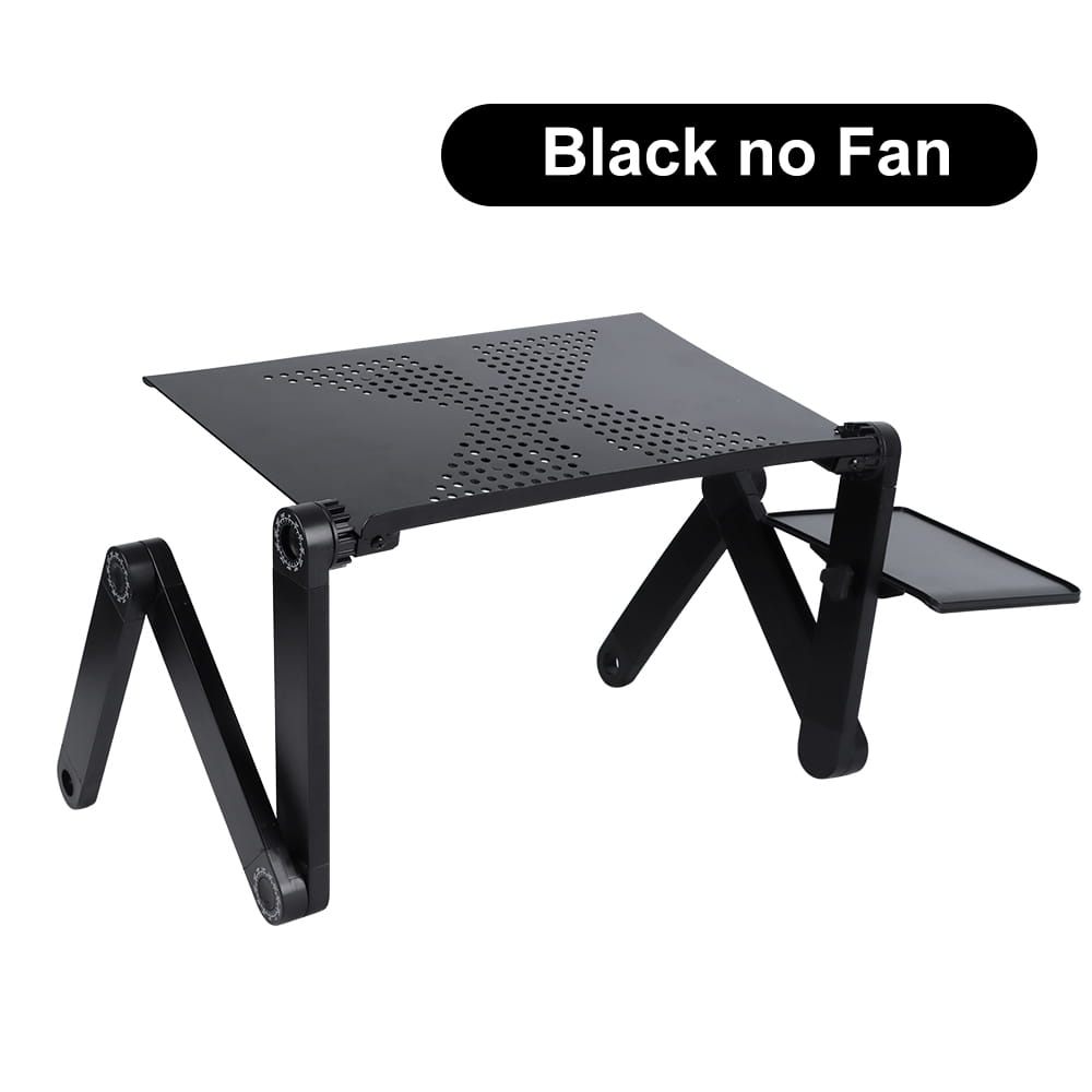 black aluminum alloy folding desk retractable laptop stand with a perforated surface and attached side tray designed for desk retractable adjustable use