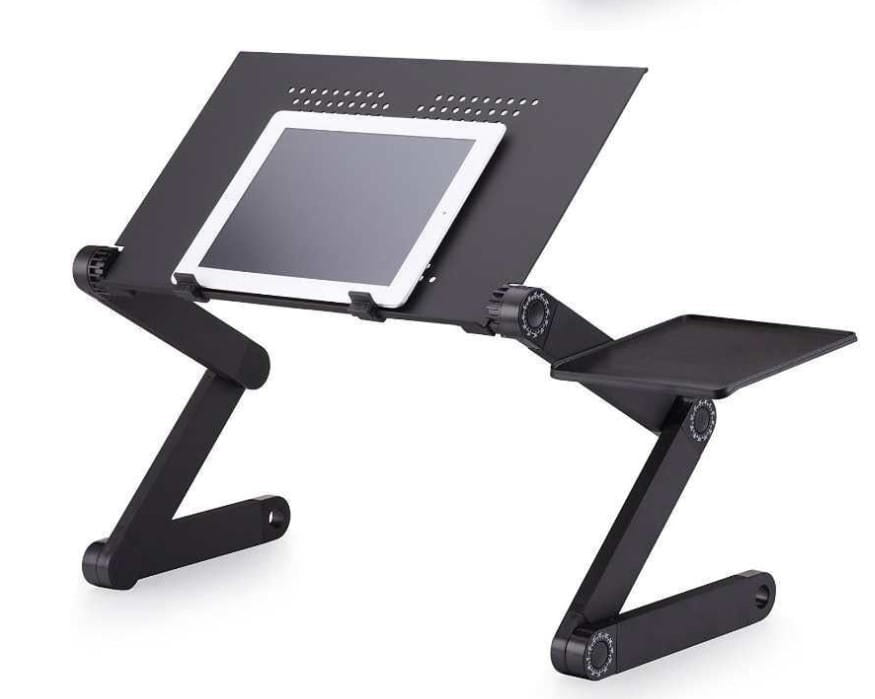 Black aluminum alloy folding desk retractable with adjustable height featuring a tablet holder and side tray for versatile use.