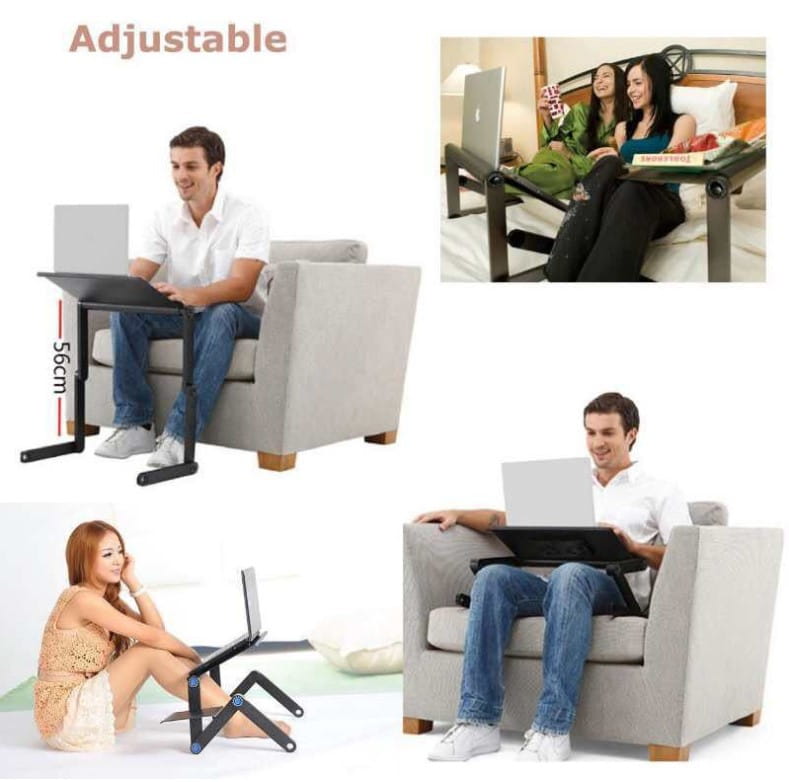 Adjustable black aluminum alloy folding desk retractable stand with foldable legs and flat surface for versatile use.