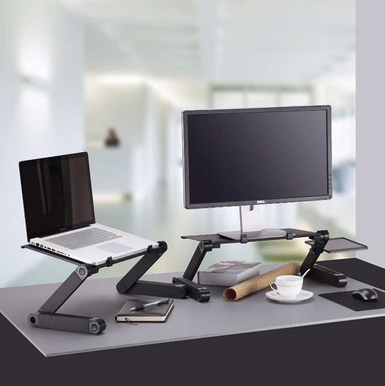 Black aluminum alloy folding desk retractable with dual adjustable platforms for laptop and monitor stand