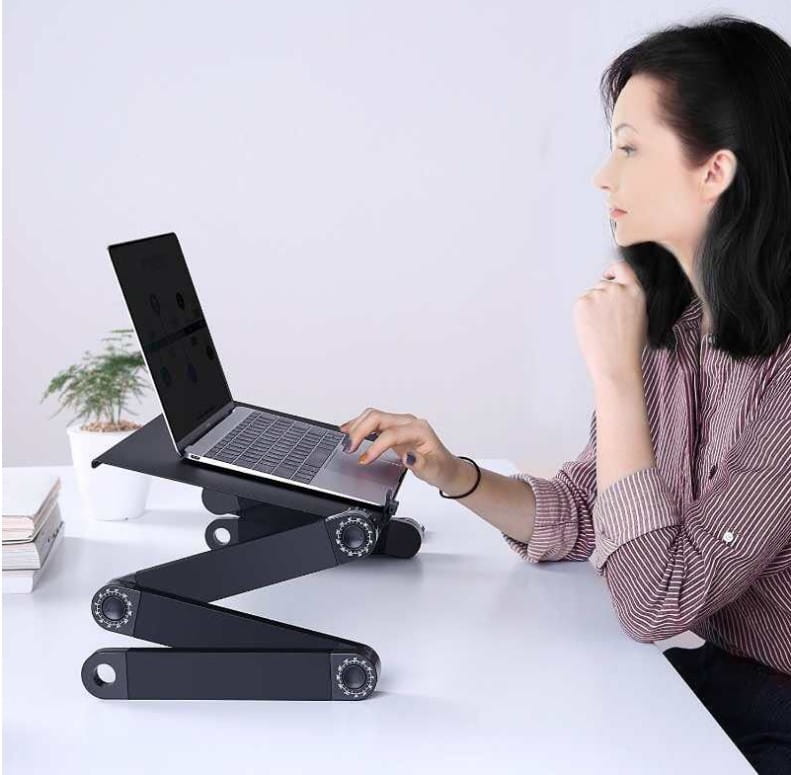 Black aluminum alloy folding desk retractable laptop stand with articulated arms and circular knobs for desk retractable adjustable use
