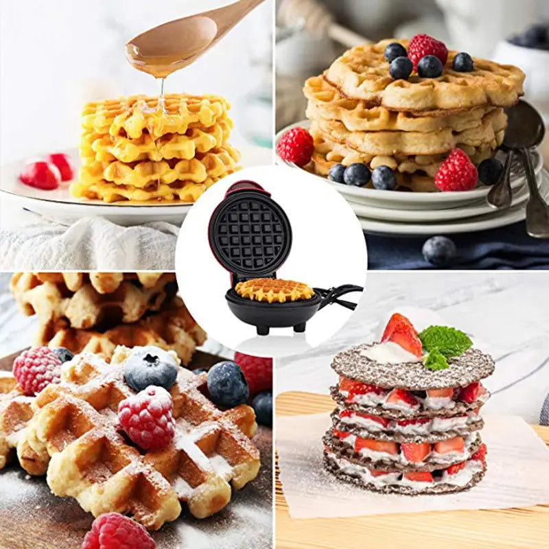 Black mini electric waffle maker with circular design and non-stick cooking surface for easy waffle preparation