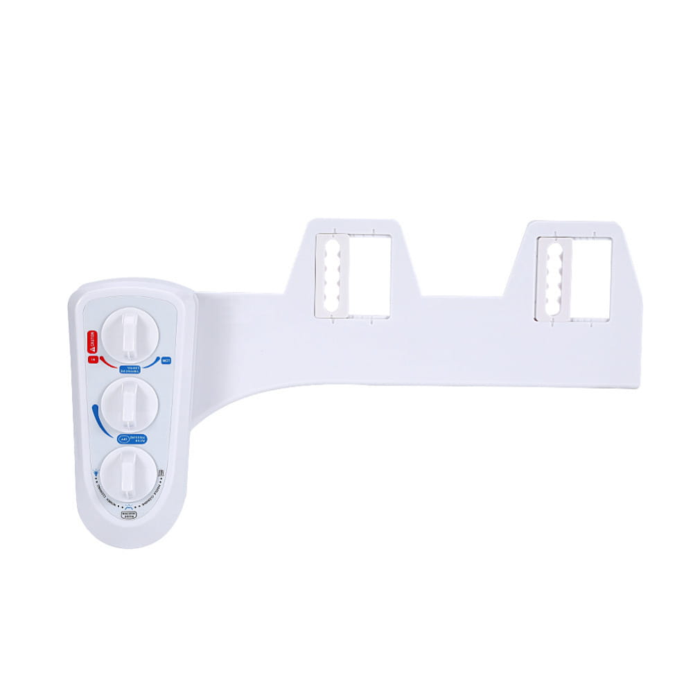 White plastic dual nozzle hot cold bidet spray flushing attachment with three control knobs and two rectangular mounting slots visible from the back side.