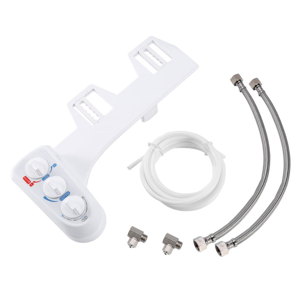 white plastic bidet seat with three control knobs and attached metal hoses for dual nozzle hot cold bidet spray flushing attachment with flushing spray dual function
