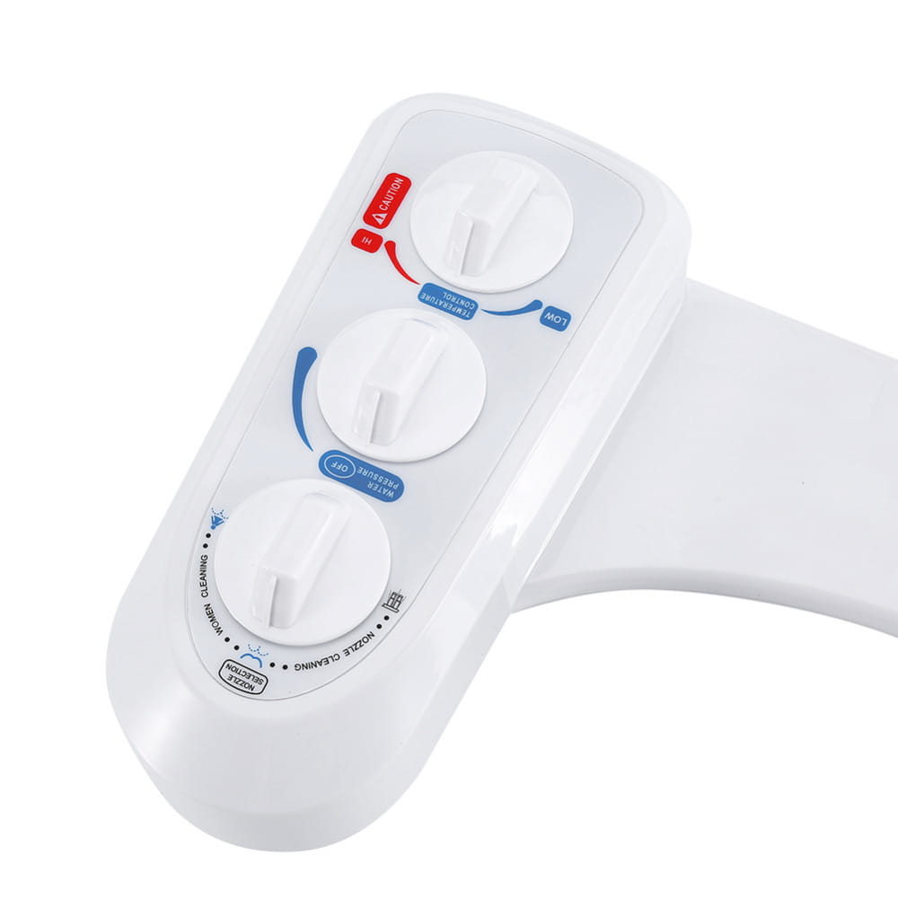 White plastic dual nozzle hot cold bidet spray flushing attachment with three control knobs for water pressure cleaning modes and nozzle settings for precise spray flushing spray control.