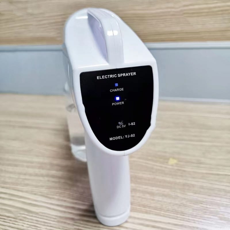 white plastic wireless electric sprayer disinfection gun with a black control panel displaying electric sprayer model yj-02 and illuminated charge power indicators