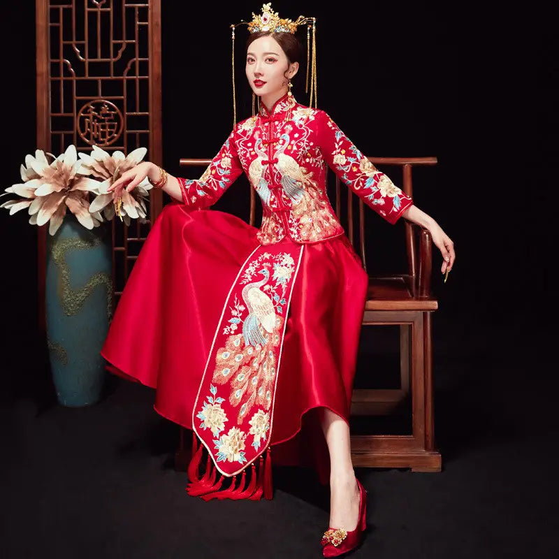 a vibrant red embroidered kimono chinese wedding gown with intricate gold and white peacock embroidery, high slit, and flowing satin skirt from embroidered kimono suits.