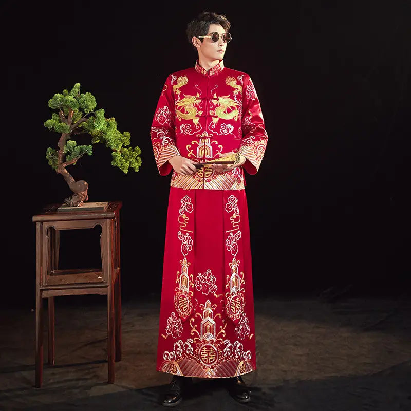 red traditional chinese wedding robe with gold dragon embroidery and intricate white patterns featured in embroidered kimono chinese wedding suits