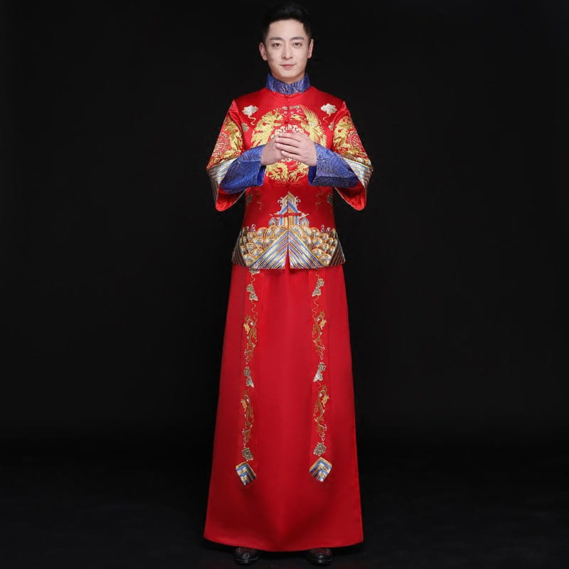 red traditional chinese wedding robe with gold and blue embroidery featured in suits embroidered kimono for chinese wedding ceremonies