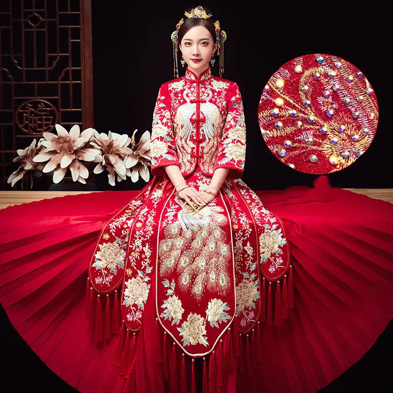 a vibrant red embroidered kimono chinese wedding gown featuring intricate gold and silver peacock motifs floral patterns and sparkling embellishments from the embroidered kimono suits collection