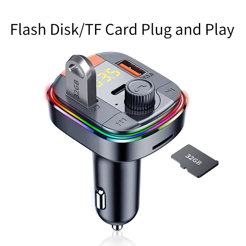 Black fast charge car charger with rainbow led ring, usb ports, and 32gb flash drive slot for charge car charger use.