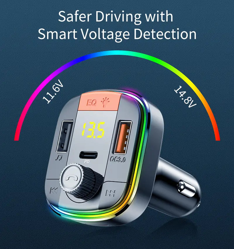 Silver fast charge car charger with a digital display showing 13.5v, multiple usb ports including qc3.0 and pd, and an illuminated rainbow led ring for voltage detection in the rainbow led bluetooth fast charge car charger.