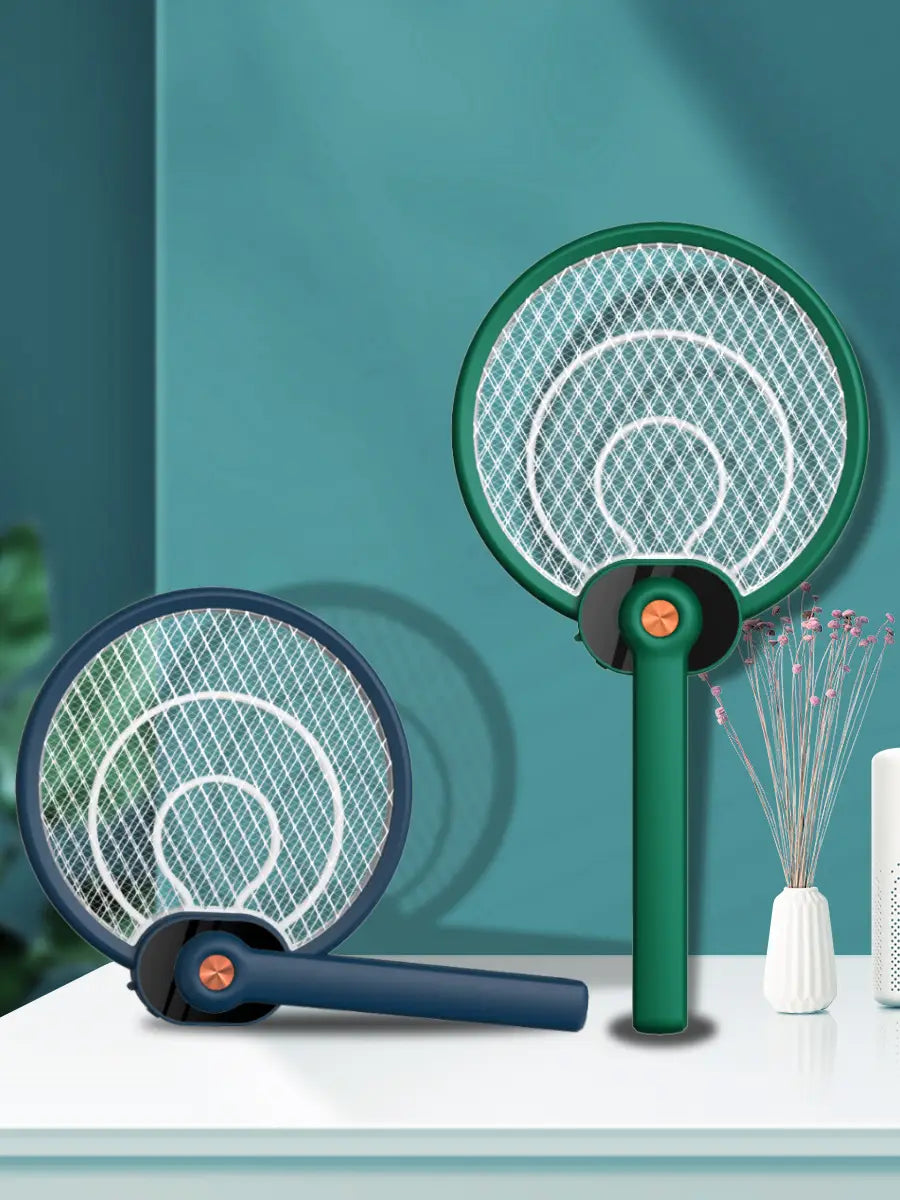 electric mosquito swatter in green and navy blue with mesh grids and orange power buttons featuring mosquito trap mode for effective insect control