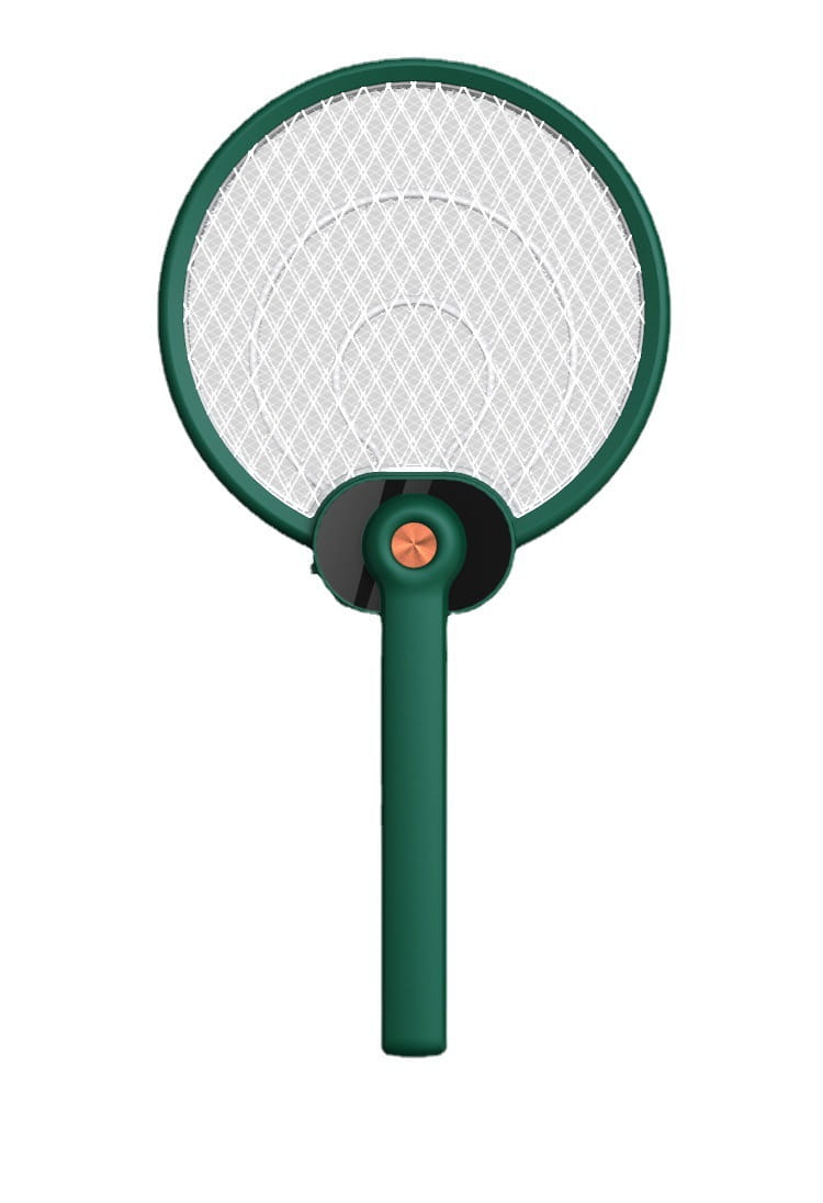 Green electric mosquito swatter with a white mesh net and an orange button on the handle featuring mosquito trap mode for effective pest control.