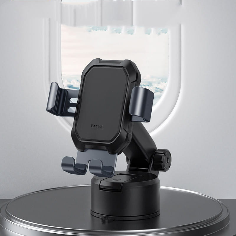 Black plastic universal navigation bracket car phone mount with adjustable arms and a suction cup base for secure dashboard attachment.
