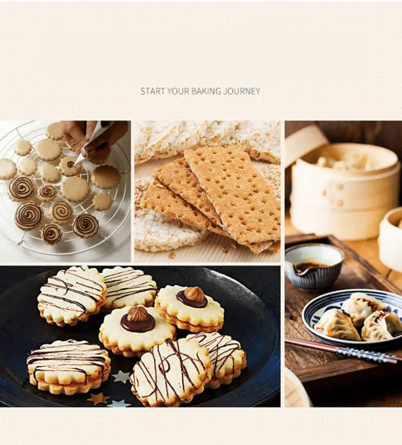 a wooden gear dim sum pastry cutter with handle displayed alongside assorted baked goods including spiral-decorated cookies, textured graham crackers, chocolate-drizzled shortbread biscuits with nut centers, and steamed dim sum pastry dumplings in a blue-and-white patterned bowl.