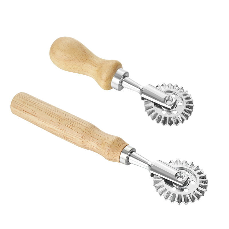 Two wooden-handled dim sum pastry cutters with shiny metallic gear-like rolling wheels for sum pastry dumpling and cake cutter use.