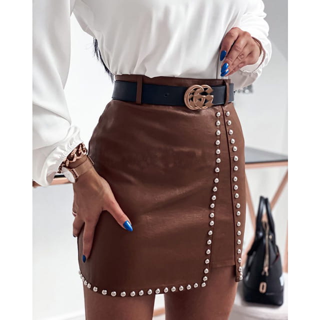 brown leather mini skirt with elegant fashion rivets and silver studs along the side seam and hemline crafted from rivets pu leather for leather skirts women