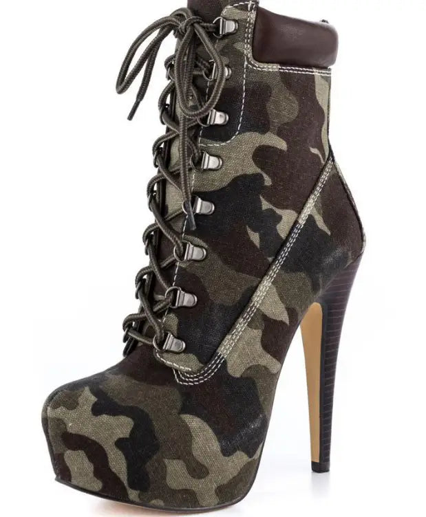tan suede camouflage-patterned platform high heels with a lace-up front and 15cm stiletto heel