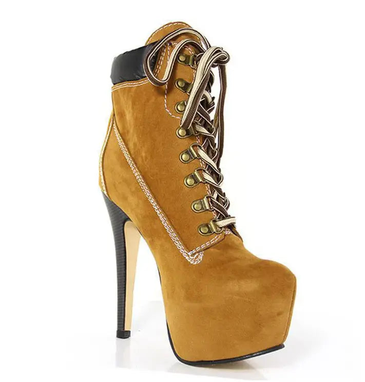 tan suede platform high heels with black accents and gold-toned eyelets featuring heels 15cm stilettos design
