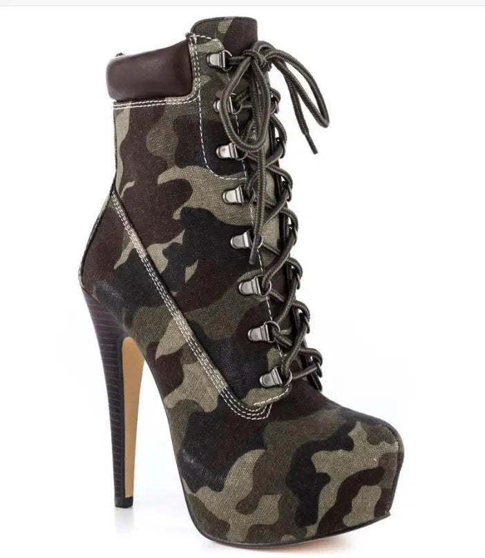 tan suede lace up platform high heels with camouflage pattern and 15cm stiletto heels featuring a high lace-up front.