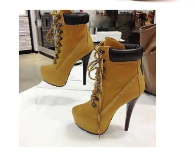 tan suede lace up platform high heels with yellow suede ankle boots featuring black leather accents and gold toned laces in high heels 15cm stilettos design.