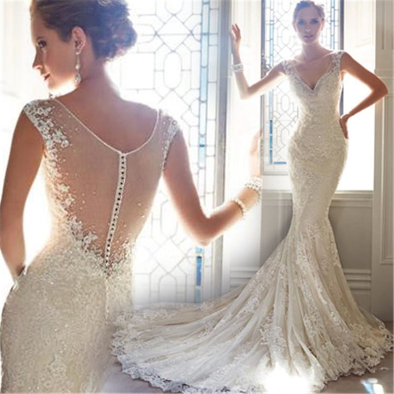 Elegant ivory lace mermaid wedding gown with beaded back and delicate shoulder straps showcasing the sexy halter brigade style perfect for brigade shooting seaside events.