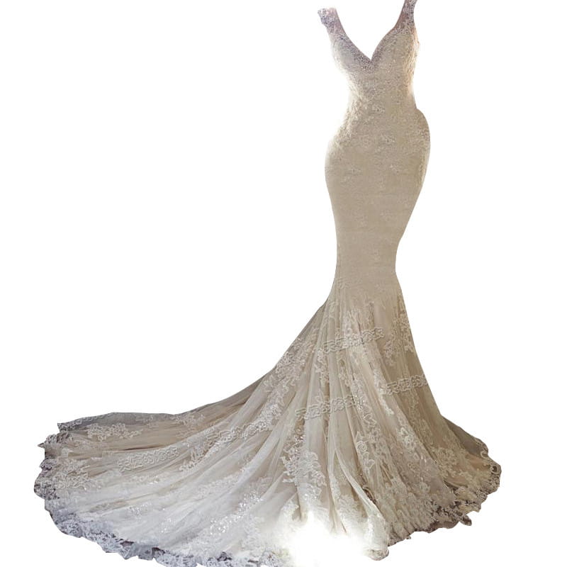 a shimmering champagne-colored sexy halter brigade mermaid-style wedding dress with intricate lace detailing and a flowing train suitable for halter brigade shooting seaside events