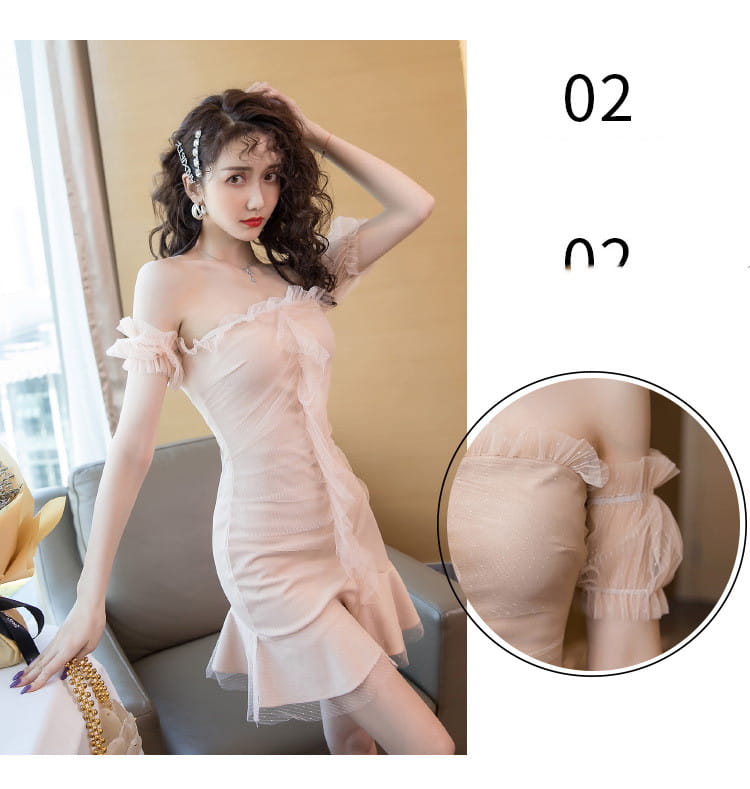 a delicate blush pink off-the-shoulder sexy fishtail dress with sheer ruffled detailing and a flared hem