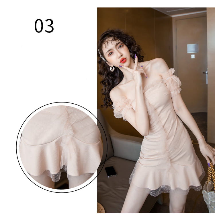 a delicate blush pink off-the-shoulder mini dress with ruffled sleeves and a flared skirt edged in sheer lace, featuring a sexy fishtail dress design.