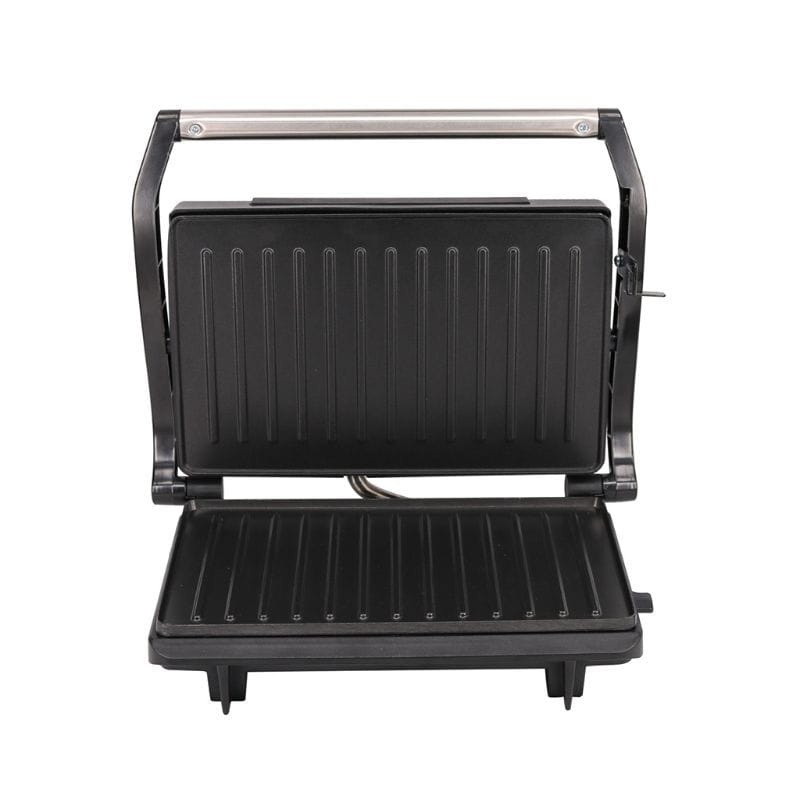 Black nonstick electric grill and steak maker featuring a stainless steel handle and ribbed grilling surfaces for efficient cooking.