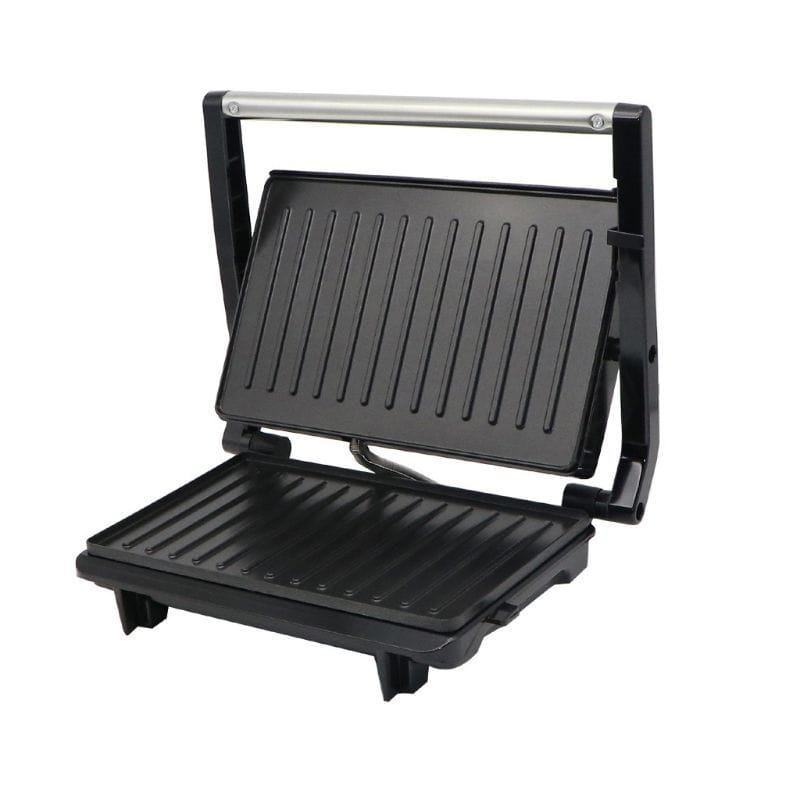 Black and silver nonstick electric grill and steak maker with ribbed grilling plates for even cooking.