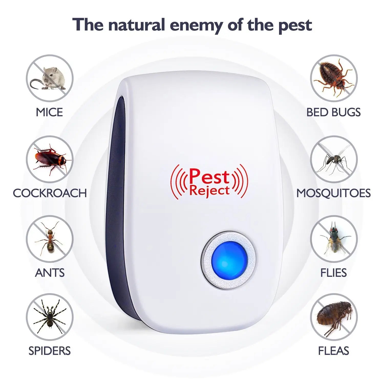 White and navy blue direct selling ultrasonic electronic mosquito repeller with a glowing blue button designed for pest rejection.