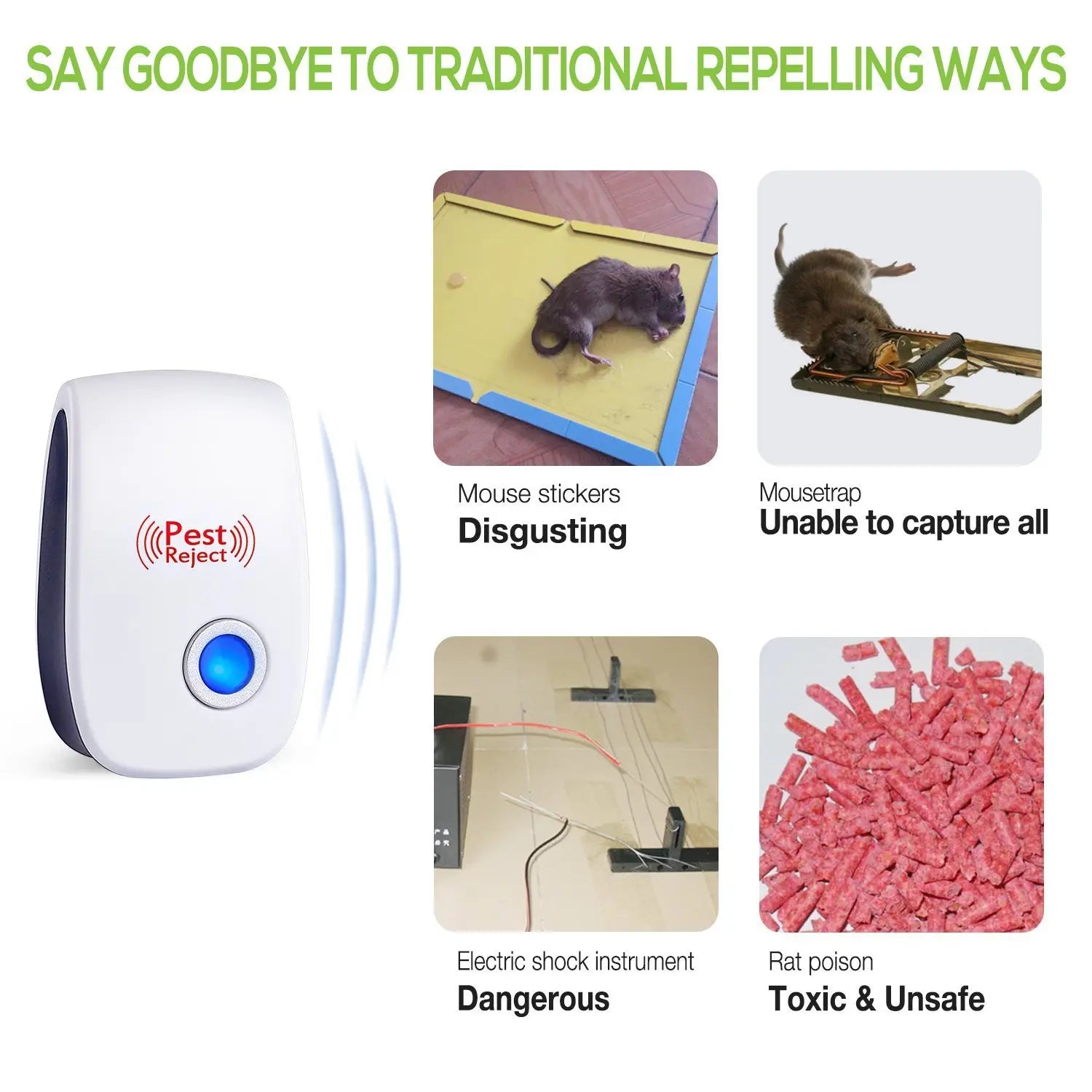 White and navy blue electronic mosquito repeller with a glowing blue circular button designed as a direct selling ultrasonic electronic pest reject device.