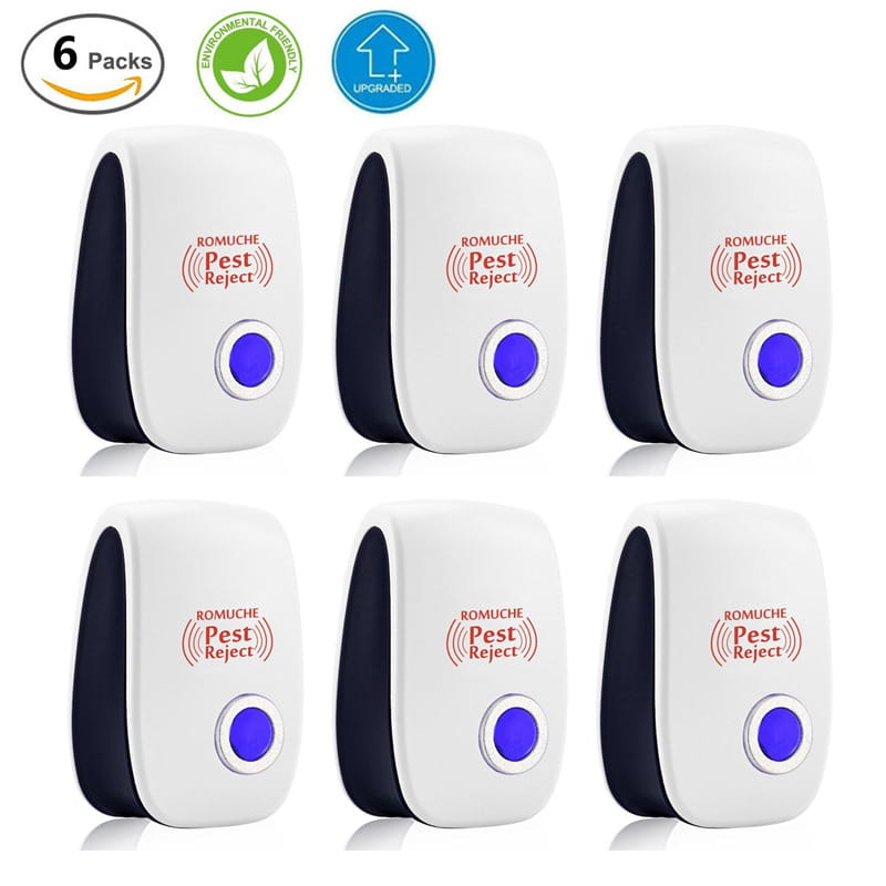 Six white romuche pest reject electronic mosquito repellers with blue circular buttons and black side panels designed for direct selling ultrasonic electronic pest control.