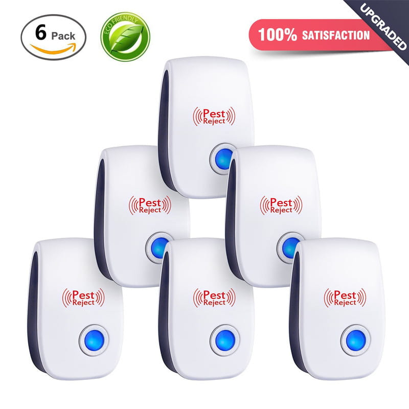 Six white pest reject direct selling ultrasonic electronic mosquito repellers with blue circular buttons and black side accents designed for electronic mosquito control.